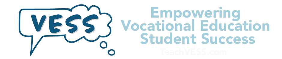 TeachVESS.com logo and banner for Vocational Education Student Success, featuring a thought bubble with the word VESS over a dark teal background with education-themed icons.