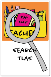 A vertical card featuring an illustration of a yellow toolbox filled with pens, pencils, and a pink notebook labeled "TOP TLAS," viewed through a large magnifying glass with the text "SEARCH TLAS" below.